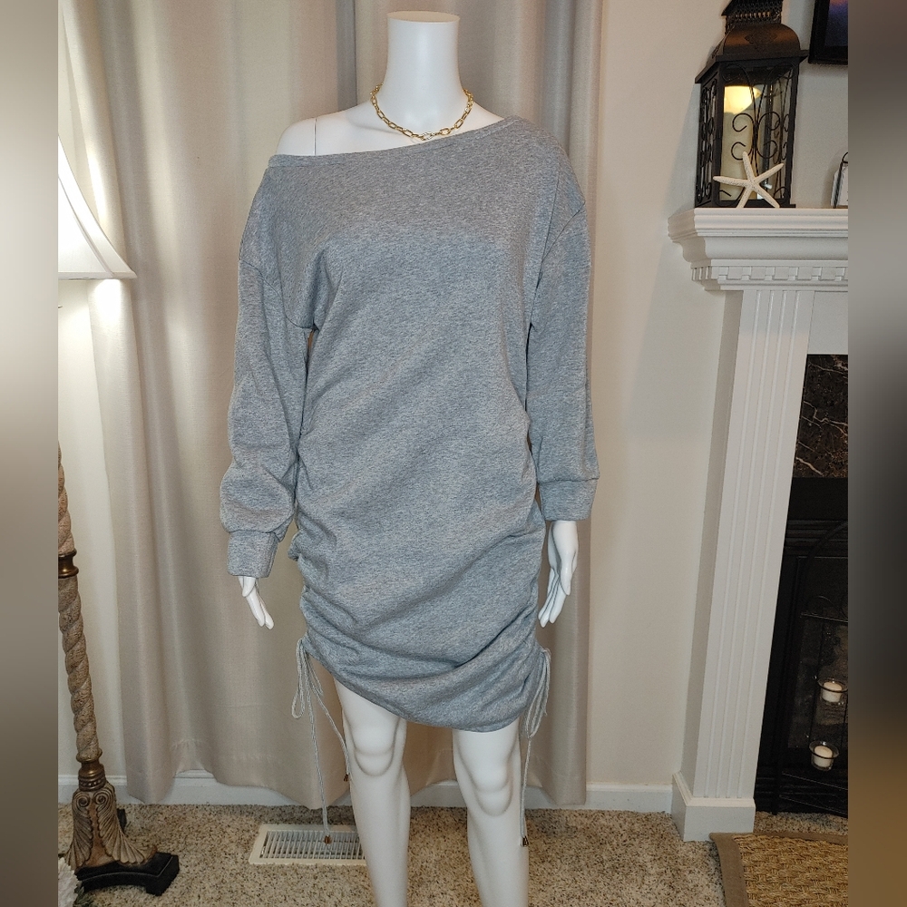 Rafferiza Drop Shoulder Ruched Drawstring Knot Sweatshirt Dress, Gray M